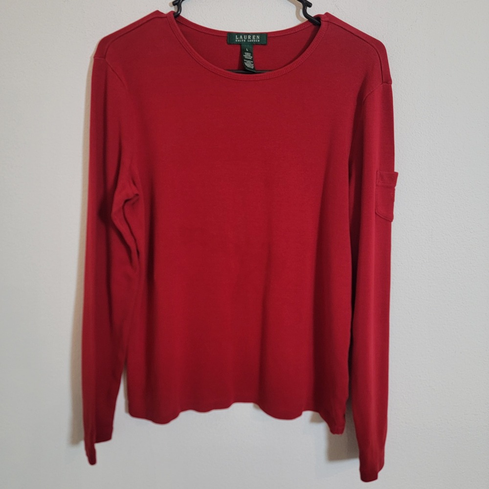 VTG Y2K Lauren Ralph Lauren Long‎ Sleeve V-Neck Red Large Cotton Classic Pocket